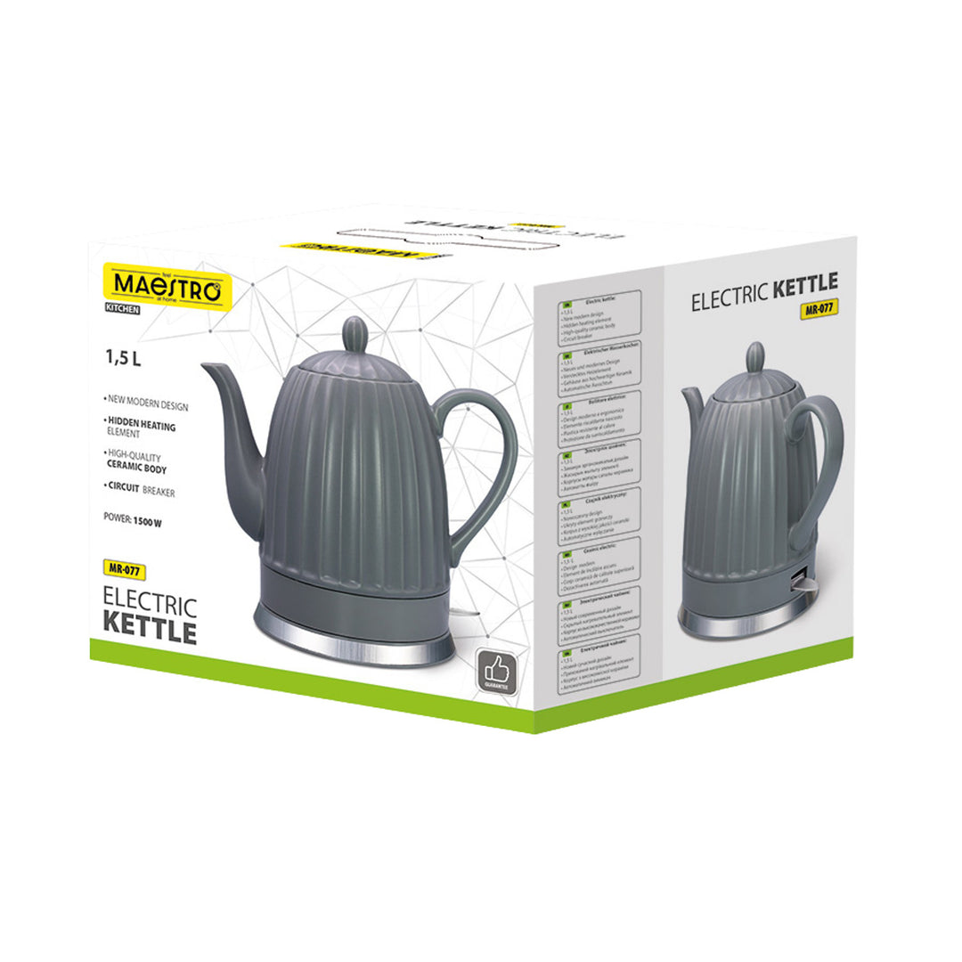 Maestro kerámia vízforraló, szürke színű, 1500 W teljesítmény, 1,5 l űrtartalom, forgatható talp, vízszintjelző, 65 cm-es tápkábel, MR-077