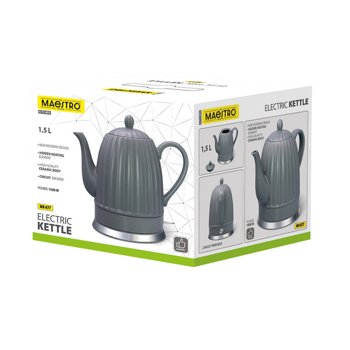 Maestro kerámia vízforraló, szürke színű, 1500 W teljesítmény, 1,5 l űrtartalom, forgatható talp, vízszintjelző, 65 cm-es tápkábel, MR-077