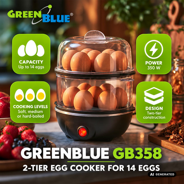 GreenBlue 2-szintű tojásfőző, 14 tojáshoz, 350 W teljesítmény, 220–240 V~, 50/60 Hz, GB358