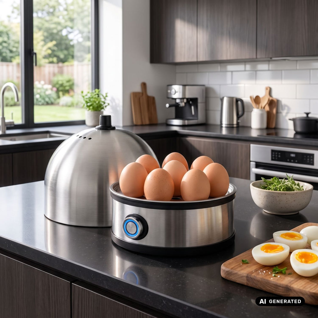 GreenBlue rozsdamentes acél tojásfőző, 200 W teljesítmény, legfeljebb 7 tojáshoz, mérőkanál, 220–240 V~, 50/60 Hz, GB357