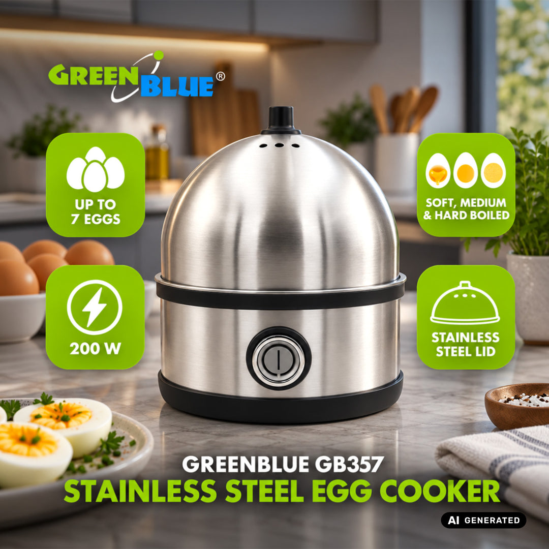GreenBlue rozsdamentes acél tojásfőző, 200 W teljesítmény, legfeljebb 7 tojáshoz, mérőkanál, 220–240 V~, 50/60 Hz, GB357