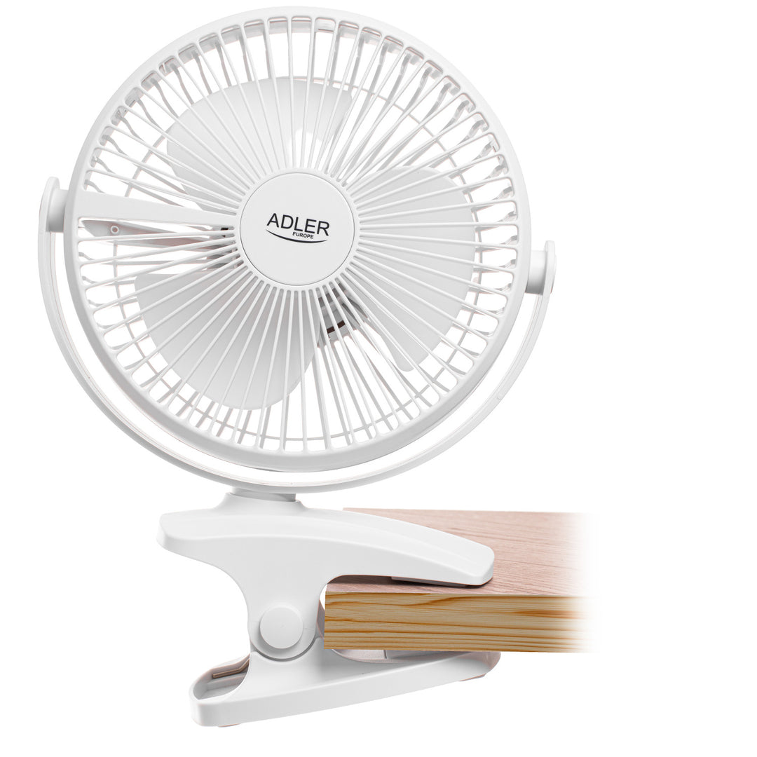 Asztali ventilátor klipszes rögzítéssel, akkumulátoros, 15,5 cm, 360°-ban forgatható, USB-C, Adler