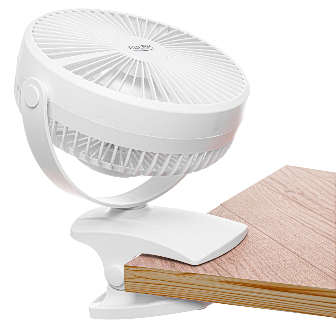 Asztali ventilátor klipszes rögzítéssel, akkumulátoros, 15,5 cm, 360°-ban forgatható, USB-C, Adler