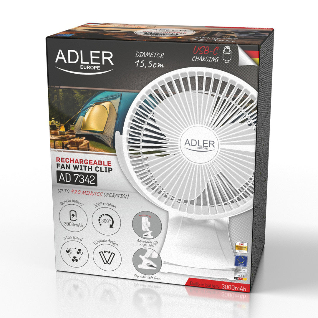 Asztali ventilátor klipszes rögzítéssel, akkumulátoros, 15,5 cm, 360°-ban forgatható, USB-C, Adler