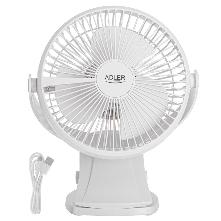 Asztali ventilátor klipszes rögzítéssel, akkumulátoros, 15,5 cm, 360°-ban forgatható, USB-C, Adler