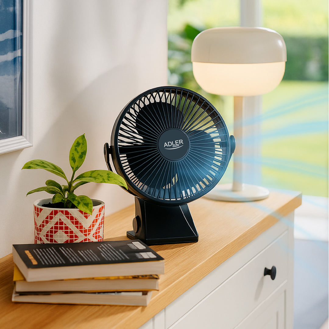 Asztali ventilátor klipszes rögzítéssel, akkumulátoros, 15,5 cm, 360°-ban forgatható, USB-C, Adler