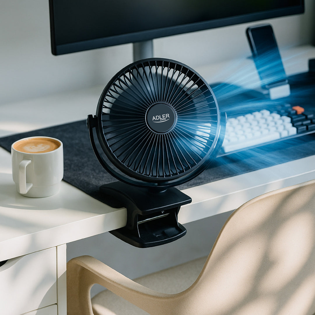Asztali ventilátor klipszes rögzítéssel, akkumulátoros, 15,5 cm, 360°-ban forgatható, USB-C, Adler