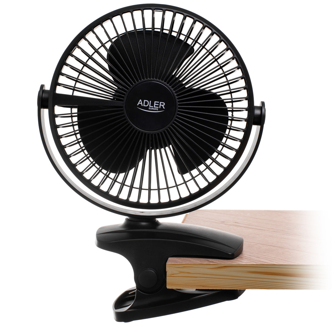 Asztali ventilátor klipszes rögzítéssel, akkumulátoros, 15,5 cm, 360°-ban forgatható, USB-C, Adler