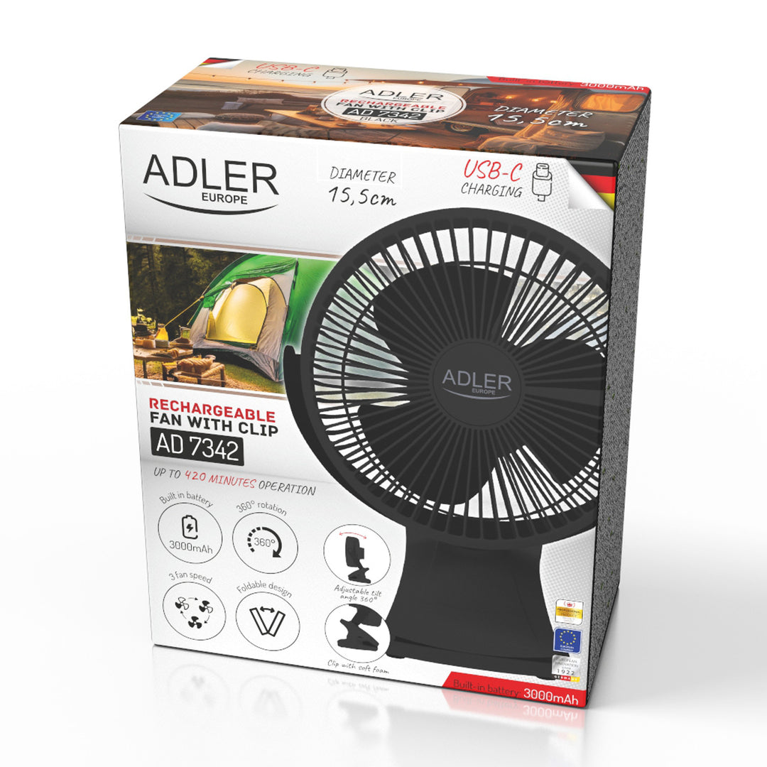 Asztali ventilátor klipszes rögzítéssel, akkumulátoros, 15,5 cm, 360°-ban forgatható, USB-C, Adler