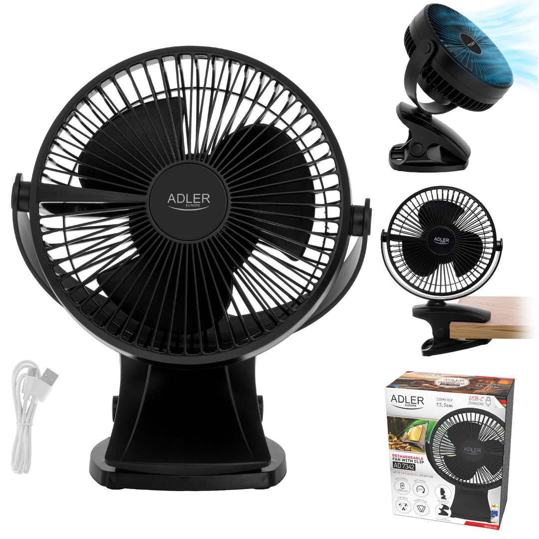 Asztali ventilátor klipszes rögzítéssel, akkumulátoros, 15,5 cm, 360°-ban forgatható, USB-C, Adler