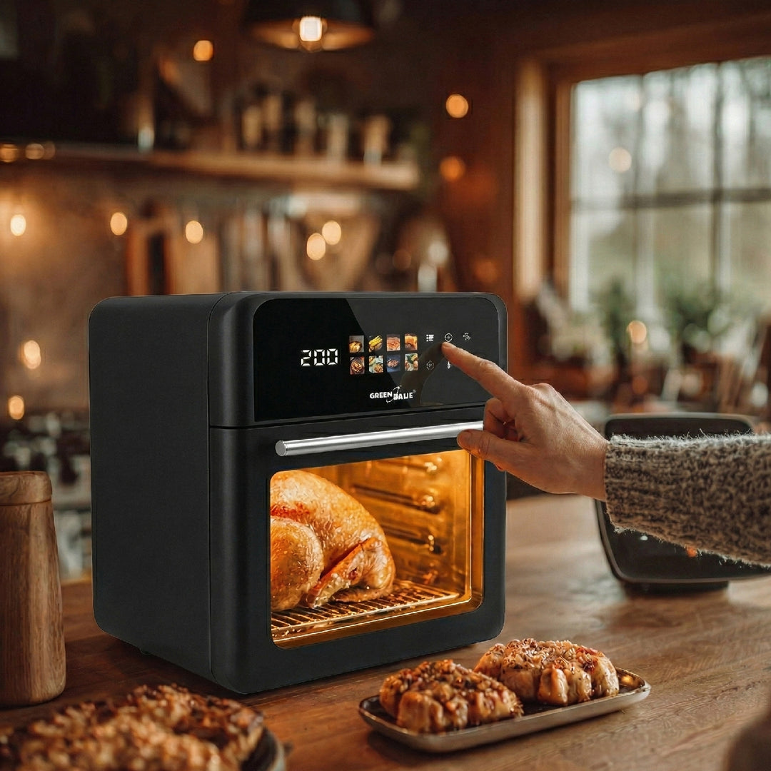 GreenBlue AIR FRYER olajmentes sütő, 1800 W teljesítmény, 10 l űrtartalom, 8 program, kiegészítők, időzítő, GB950 + hőmérő/élelmiszer-hőmérsékletmérő, GreenBlue GB178