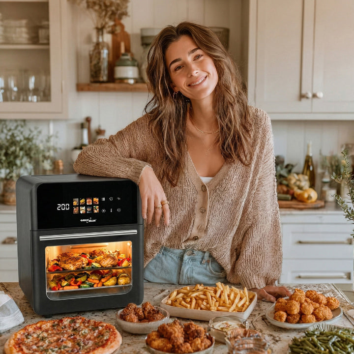 GreenBlue AIR FRYER olajmentes sütő, 1800 W teljesítmény, 10 l űrtartalom, 8 program, kiegészítők, időzítő, GB950 + hőmérő/élelmiszer-hőmérsékletmérő, GreenBlue GB178