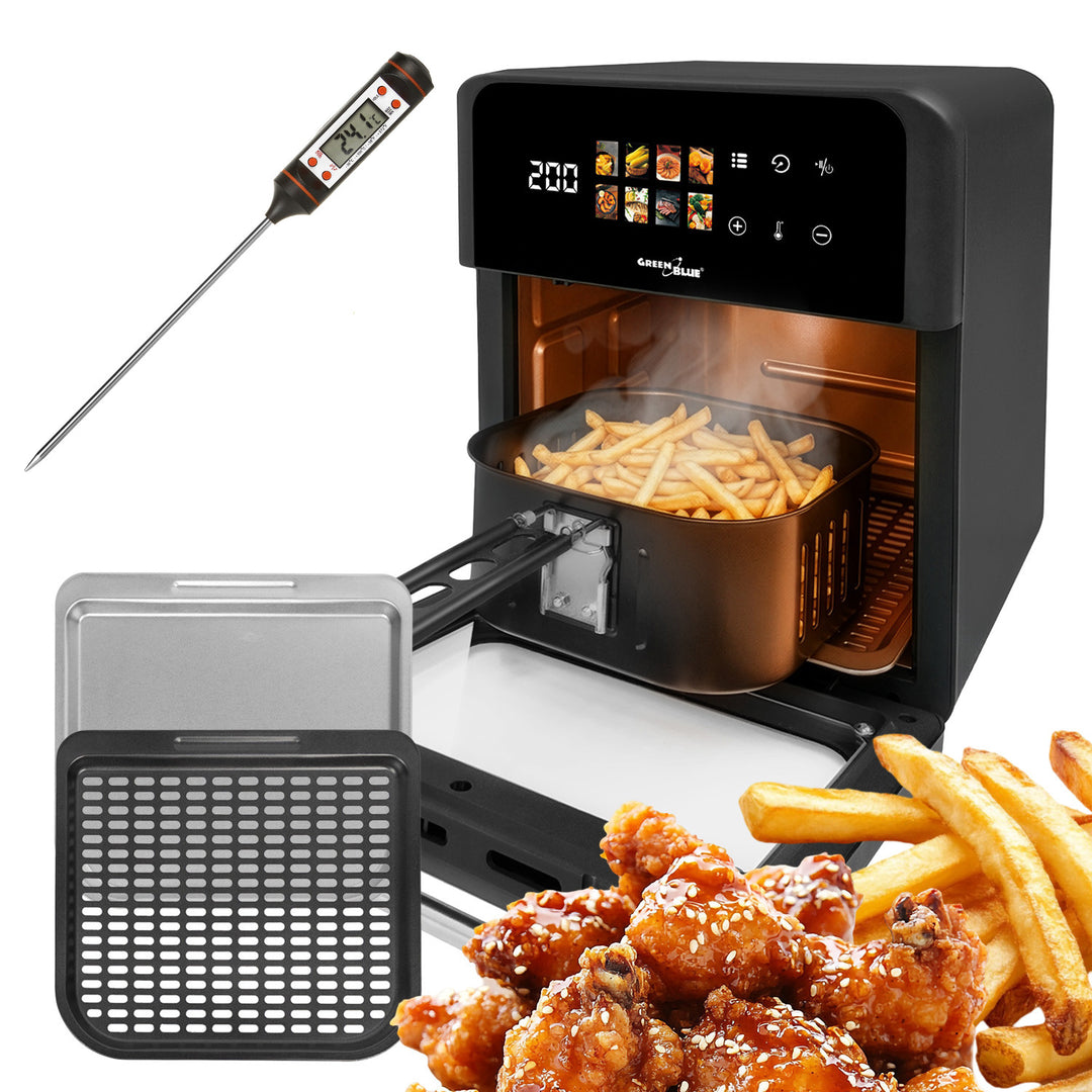 GreenBlue AIR FRYER olajmentes sütő, 1800 W teljesítmény, 10 l űrtartalom, 8 program, kiegészítők, időzítő, GB950 + hőmérő/élelmiszer-hőmérsékletmérő, GreenBlue GB178