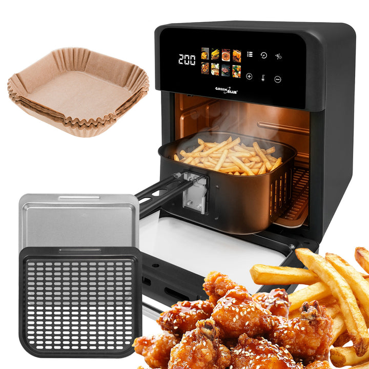 GreenBlue AIR FRYER olajmentes sütő, 1800 W teljesítmény, 10 l űrtartalom, 8 program, kiegészítők, időzítő, GB950 + 16 cm-es papírbetétek, 100 darab