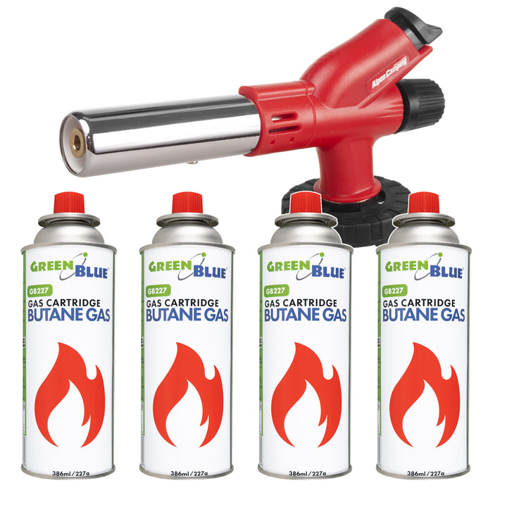 Alpen Camping gázpatronos főző, lánghőmérséklet 1300 °C, piezoelektromos gyújtás, lángszabályozás, ETNA + 4 db 227 g-os GreenBlue gázpatron. Tanúsítvány: Pi 0875, megfelel az EN417 szabványnak
