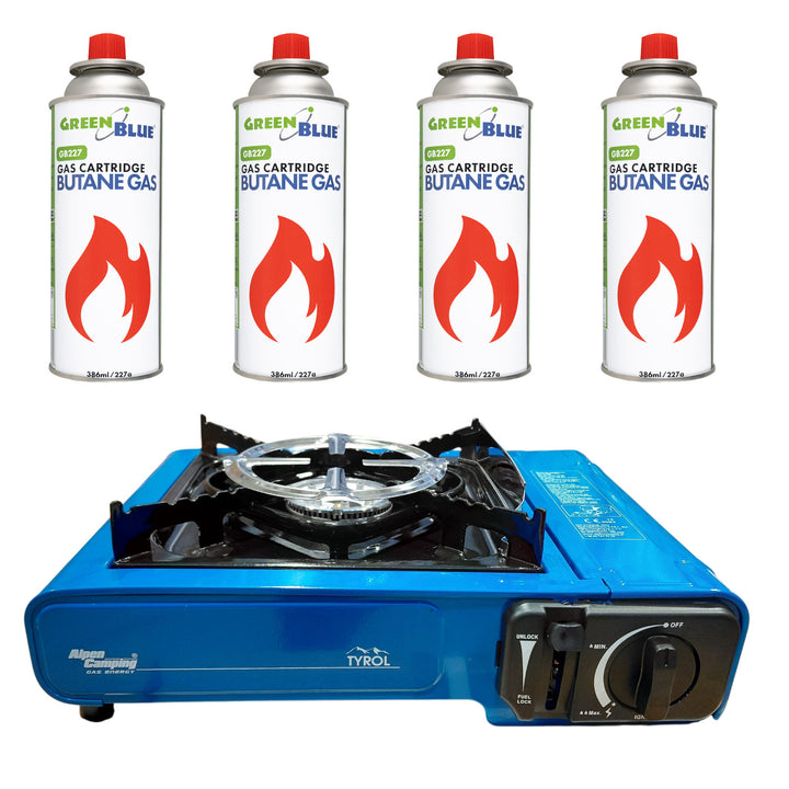 Alpen Camping turisztikai gázfőző, teljesítmény: 2,0 kW, gázfogyasztás: 146 g/h, piezoelektromos gyújtás, TYROL+ 4 db 227 g-os GreenBlue gázpatron. Tanúsítvány: Pi 0875, megfelel az EN417 szabványnak