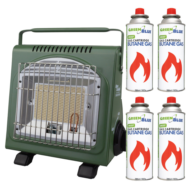Alpen Camping hordozható gázkályha, 2 az 1-ben, gázfogyasztás 124 g/h, piezoelektromos gyújtás, ICELAND IK-1000 PRO+ 4 db 227 g-os GreenBlue gázpatron. Tanúsítvány: Pi 0875, megfelel az EN417 szabványnak