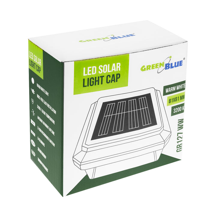 GreenBlue oszlopra szerelhető LED-es napelemes lámpa, 80x80 mm, boríték alakú tető, 3200 K, GB127 WW, 4 darab