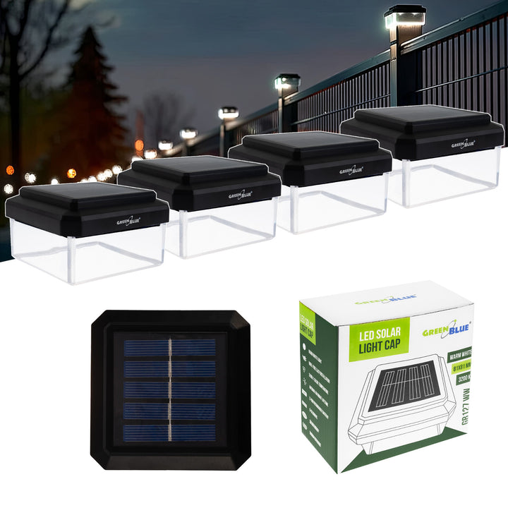 GreenBlue oszlopra szerelhető LED-es napelemes lámpa, 80x80 mm, boríték alakú tető, 3200 K, GB127 WW, 4 darab