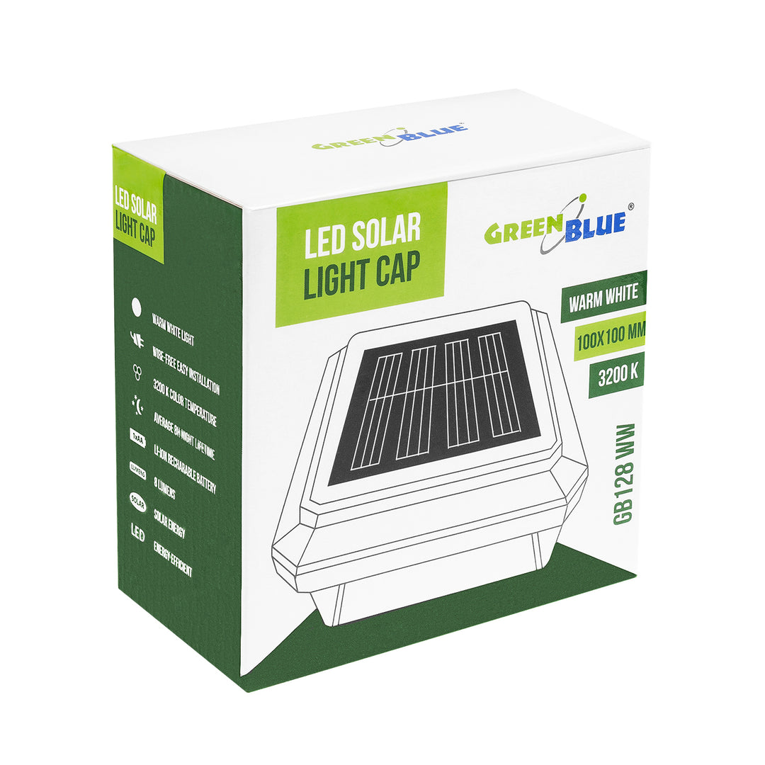 GreenBlue LED-es napelemes oszloplámpa, 100x100 mm, boríték alakú tető, 3200 K, GB128 WW, 2 db