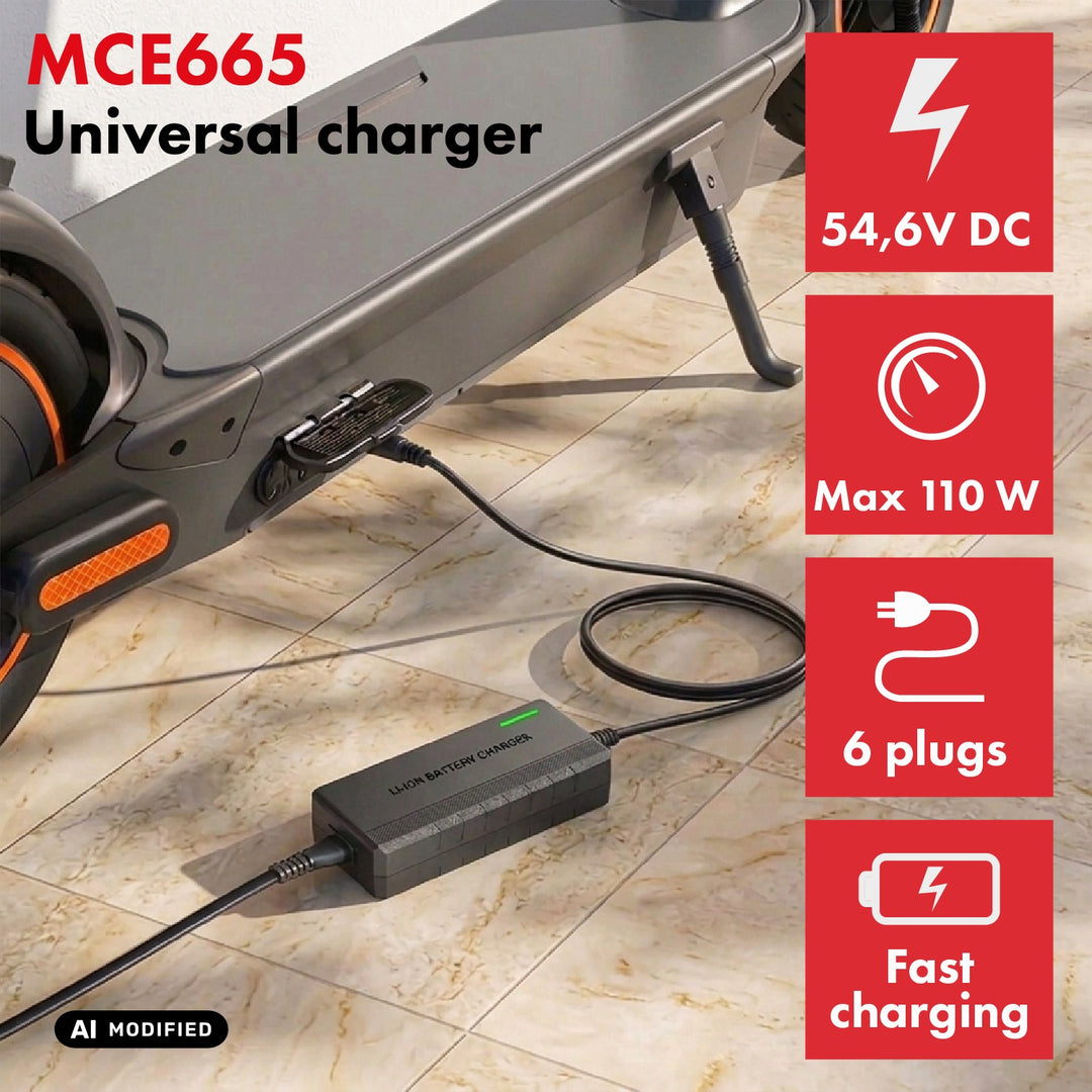 Maclean Energy univerzális töltő / tápegység, elektromos robogókhoz, 54,6 V DC, 2 A, max. 110 W, gyors töltés, 6 csatlakozó, MCE665