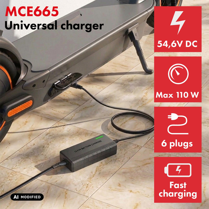Maclean Energy univerzális töltő / tápegység, elektromos robogókhoz, 54,6 V DC, 2 A, max. 110 W, gyors töltés, 6 csatlakozó, MCE665