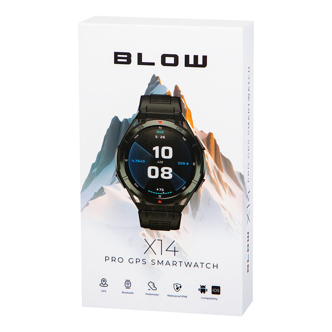 BLOW X14 Pro okosóra, 1,43 hüvelykes AMOLED kijelző, 490 mAh-s akkumulátor, GPS, 4 GB RAM és 256 MB tárhely, egészségügyi funkciók, 2 színű szíj, 89-016#
