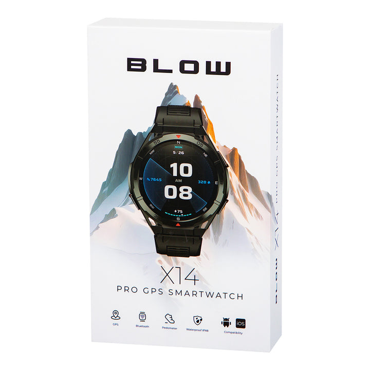 BLOW X14 Pro okosóra, 1,43 hüvelykes AMOLED kijelző, 490 mAh-s akkumulátor, GPS, 4 GB RAM és 256 MB tárhely, egészségügyi funkciók, 2 színű szíj, 89-016#