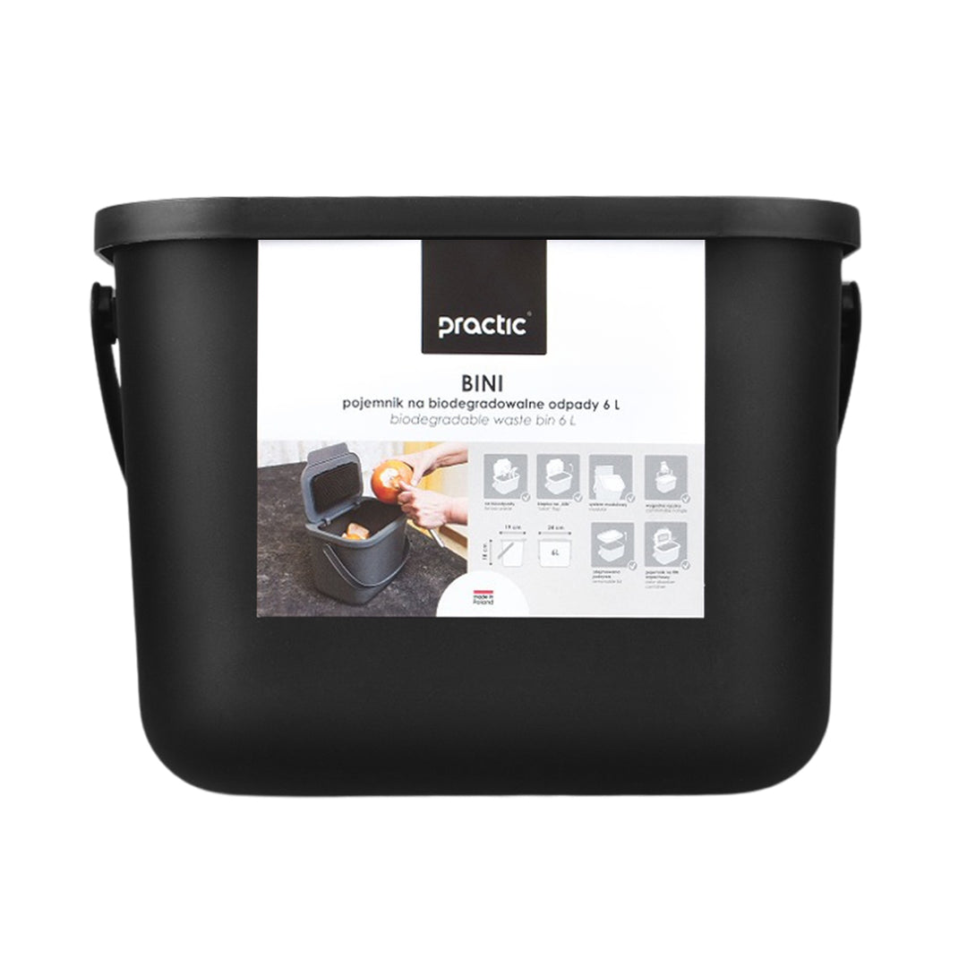 6 literes fekete Bini Practic biohulladék-tartály + 5 db Practic szénszűrő