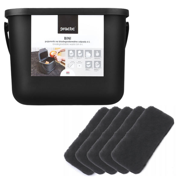 6 literes fekete Bini Practic biohulladék-tartály + 5 db Practic szénszűrő