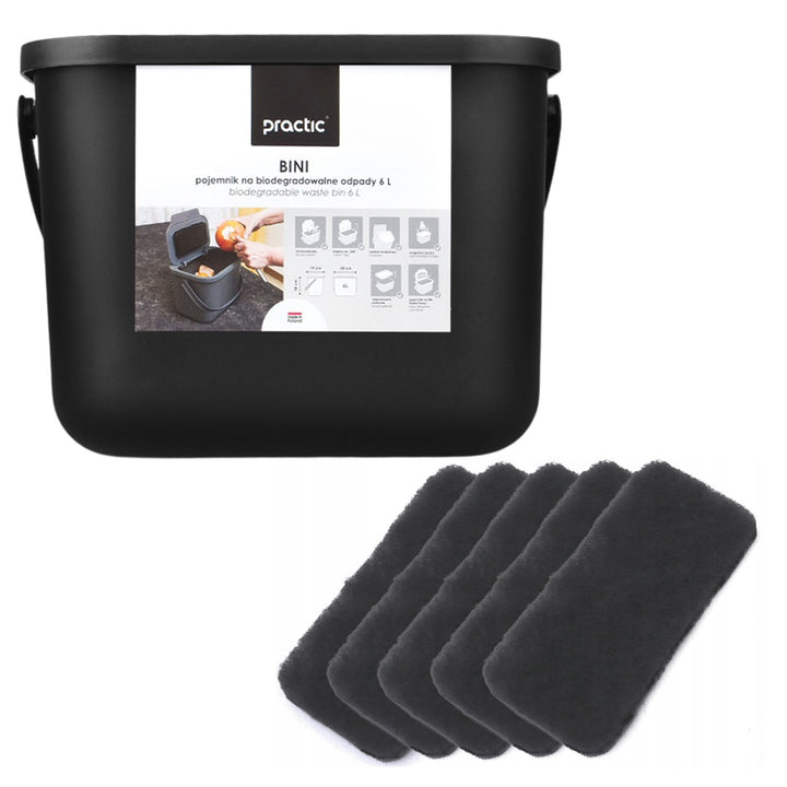 6 literes fekete Bini Practic biohulladék-tartály + 5 db Practic szénszűrő