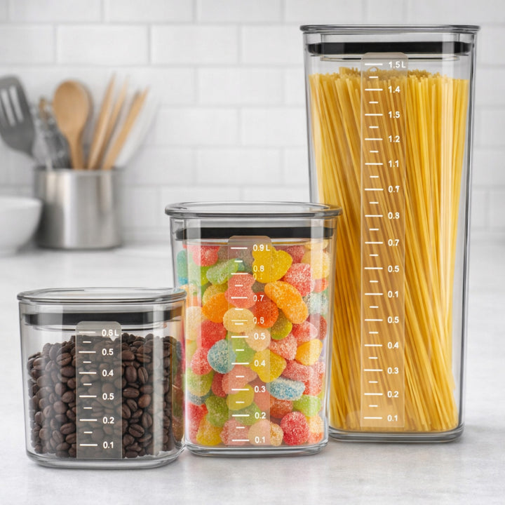 Practic konyhai tárolóedények, ömlesztett élelmiszerekhez, 0,6 l, 0,9 l és 1,5 l űrtartalommal, tömítéses fedéllel,