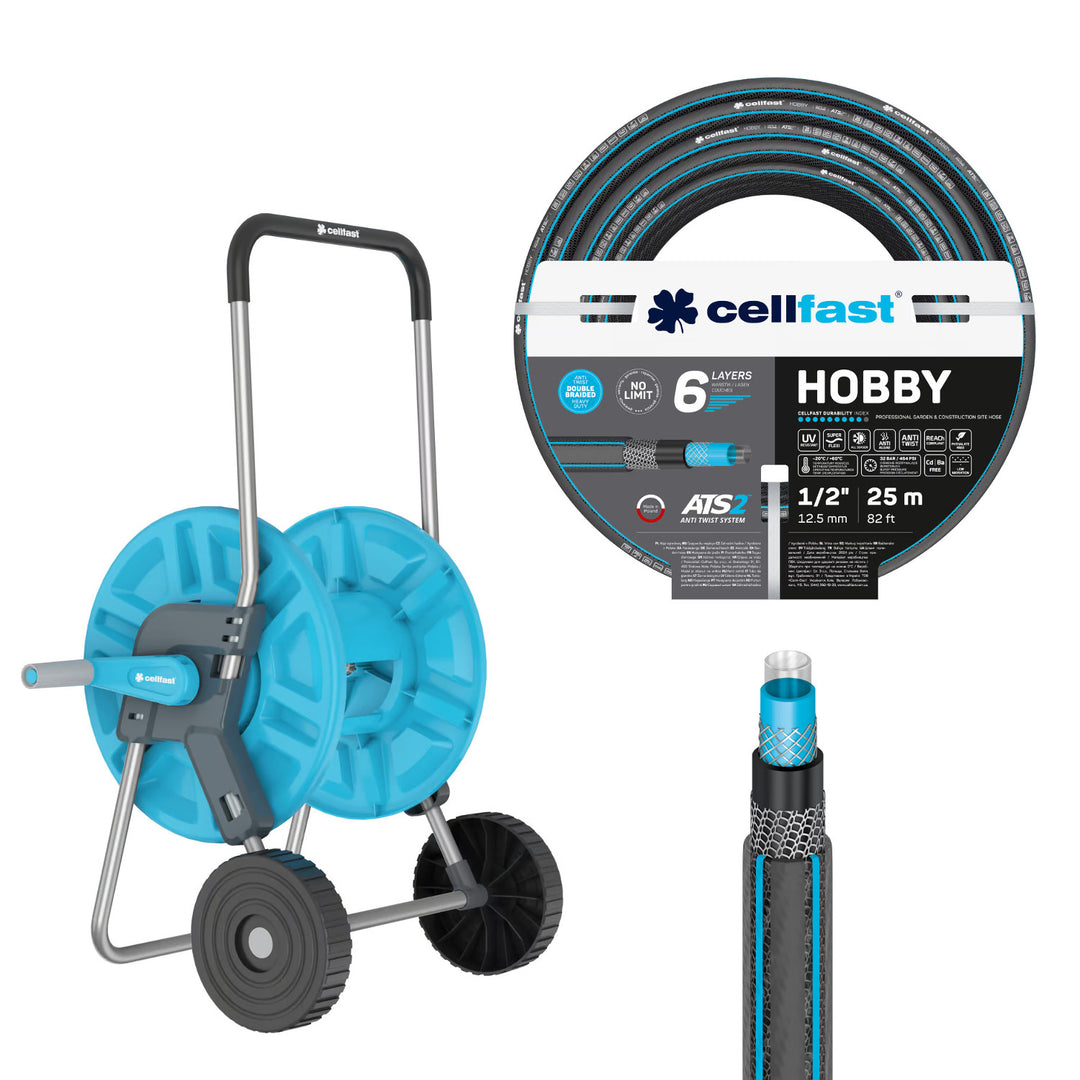 Cellfast Aluplus 1/2" 60 m-es tömlőtartó + Cellfast Hobby ATS2 1/2" 25 m-es kerti tömlő