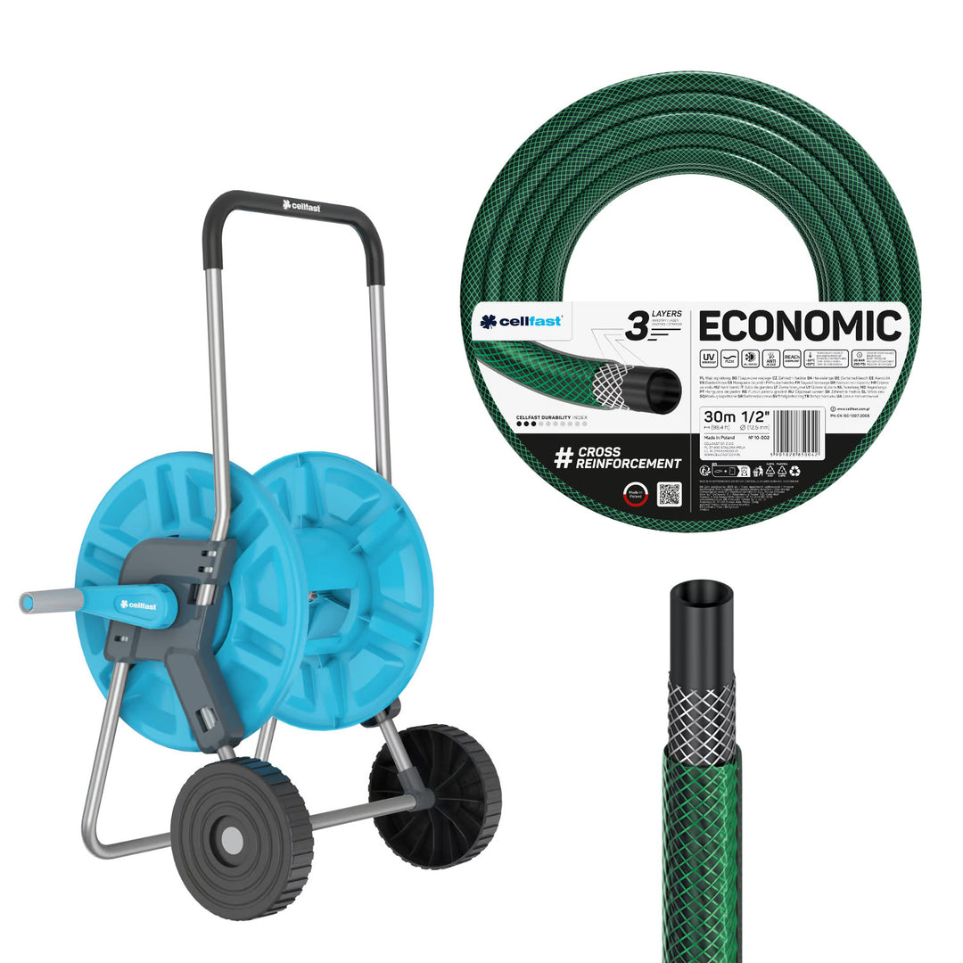 Cellfast Aluplus 1/2" 60 m-es tömlőtartó + Cellfast Economic 1/2" 30 m-es kerti tömlő