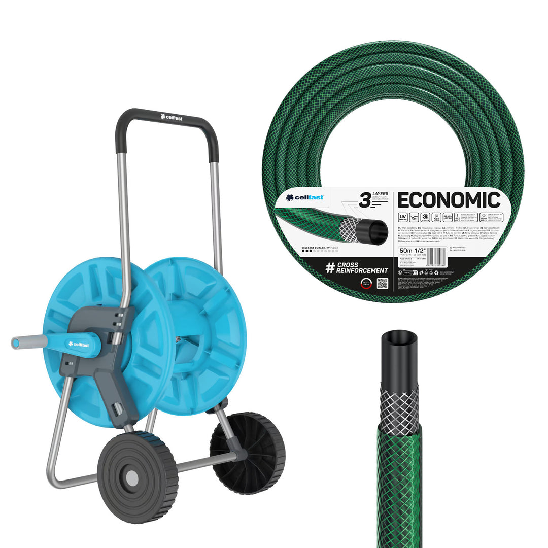 Cellfast Aluplus 1/2" 60 m-es tömlőtartó + Cellfast Economic 1/2" 50 m-es kerti tömlő