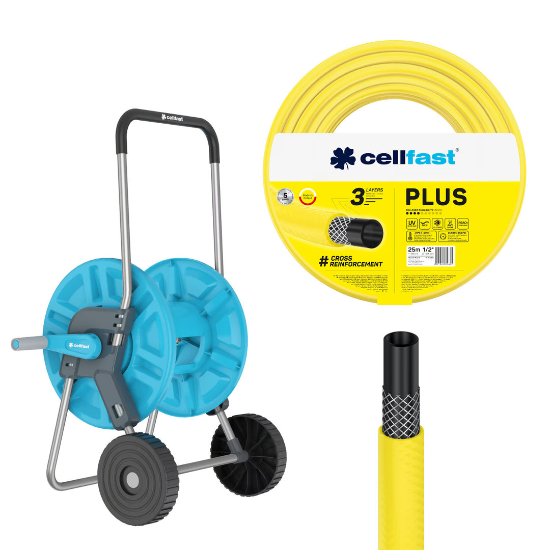 Cellfast Aluplus 1/2" 60 m-es tömlőtartó + Cellfast Plus 1/2" 25 m-es kerti tömlő