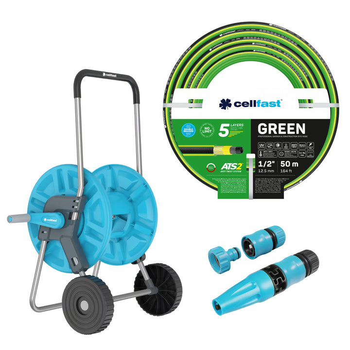 Cellfast Aluplus 1/2" 60 m-es tömlőtartó + Cellfast Green ATS2 1/2" 50 m-es kerti tömlő + Cellfast Basic 1/2" egyenes öntözőfejjel ellátott szett