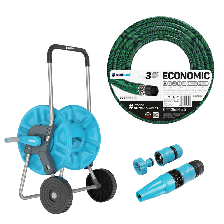 Cellfast Aluplus 1/2" 60 m-es tömlőtartó + Cellfast Economic 1/2" 10 m-es kerti tömlő + Cellfast Basic 1/2" egyenes öntözőfejjel ellátott szett