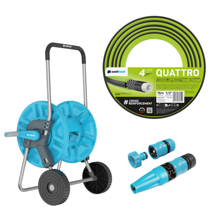 Cellfast Aluplus 1/2" 60 m-es tömlőtartó + Cellfast Quattro 1/2" 15 m-es kerti tömlő + Cellfast Basic 1/2" egyenes öntözőfejjel ellátott szett