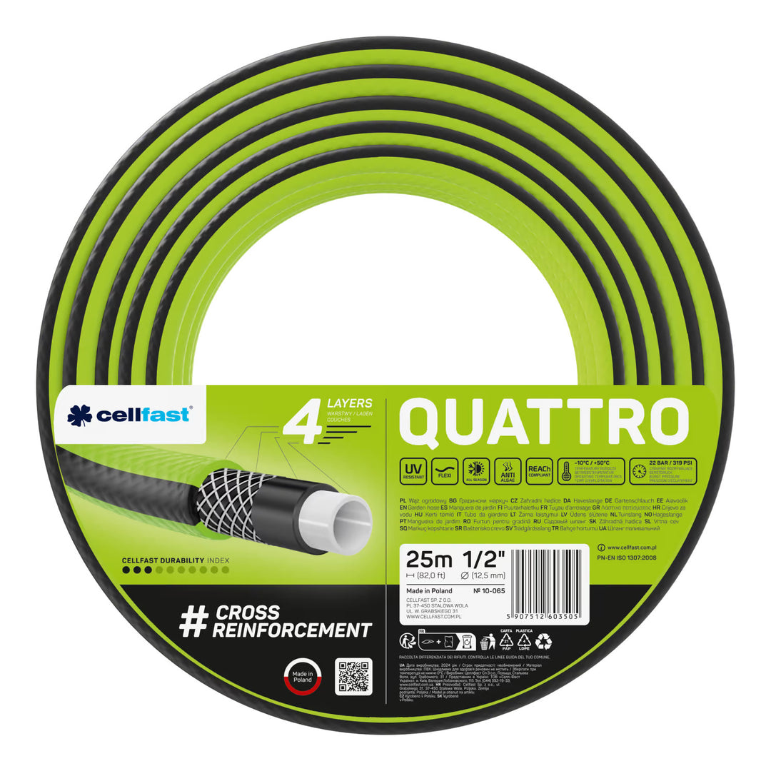 Cellfast Aluplus 1/2" 60 m-es tömlőtartó + Cellfast Quattro 1/2" 25 m-es kerti tömlő + Cellfast Basic 1/2" egyenes öntözőfejjel