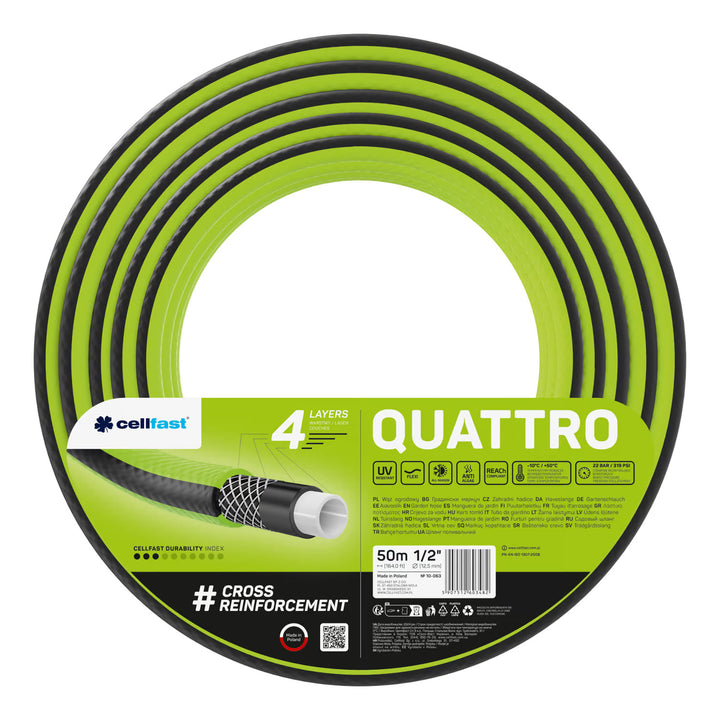 Cellfast Aluplus 1/2" 60 m-es tömlőtartó + Cellfast Quattro 1/2" 50 m-es kerti tömlő + Cellfast Basic 1/2" egyenes öntözőfejjel ellátott szett