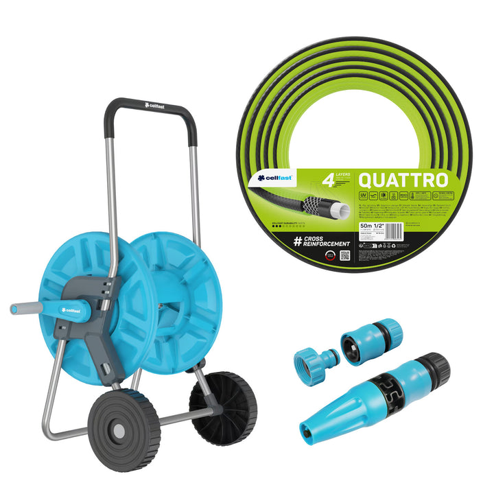 Cellfast Aluplus 1/2" 60 m-es tömlőtartó + Cellfast Quattro 1/2" 50 m-es kerti tömlő + Cellfast Basic 1/2" egyenes öntözőfejjel ellátott szett