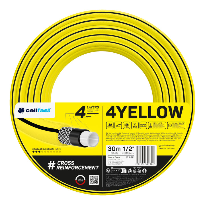 Cellfast Aluplus 1/2" 60 m-es tömlőtartó + Cellfast 4YELLOW 1/2" 30 m-es kerti tömlő + Cellfast Basic 1/2" egyenes öntözőfejjel