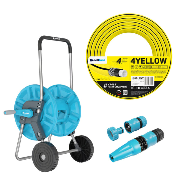 Cellfast Aluplus 1/2" 60 m-es tömlőtartó + Cellfast 4YELLOW 1/2" 30 m-es kerti tömlő + Cellfast Basic 1/2" egyenes öntözőfejjel