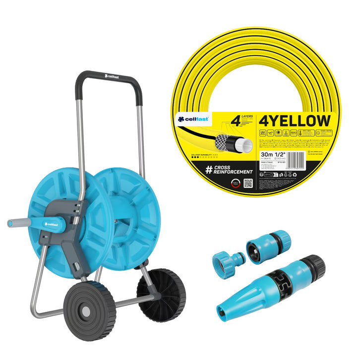 Cellfast Aluplus 1/2" 60 m-es tömlőtartó + Cellfast 4YELLOW 1/2" 30 m-es kerti tömlő + Cellfast Basic 1/2" egyenes öntözőfejjel