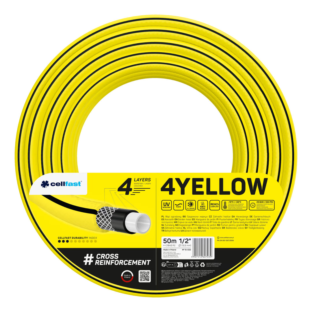 Cellfast Aluplus 1/2" 60 m-es tömlőtartó + Cellfast 4YELLOW 1/2" 50 m-es kerti tömlő + Cellfast Basic 1/2" egyenes öntözőfejjel ellátott szett