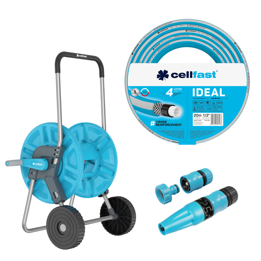 Cellfast Aluplus 1/2" 60 m-es tömlőtartó + Cellfast IDEAL 1/2" 20 m-es kerti tömlő + Cellfast Basic 1/2" egyenes öntözőfejjel ellátott szett