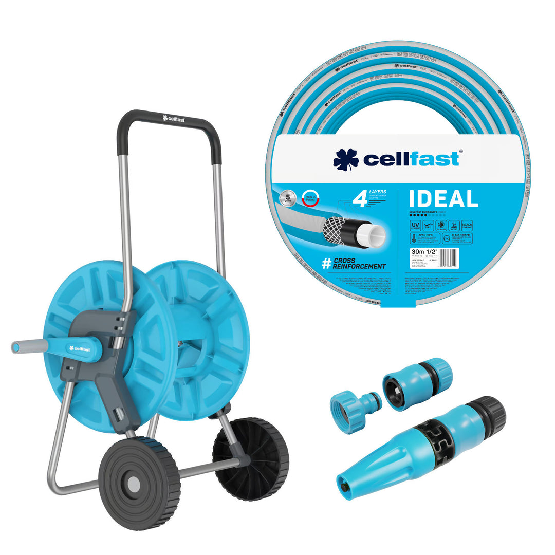 Cellfast Aluplus 1/2" 60 m-es tömlőtartó + Cellfast IDEAL 1/2" 30 m-es kerti tömlő + Cellfast Basic 1/2" egyenes öntözőfejjel ellátott szett