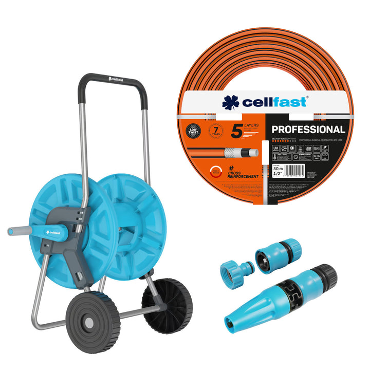 Cellfast Aluplus 1/2" 60 m-es tömlőtartó + Cellfast PROFESSIONAL 1/2" 50 m-es kerti tömlő + Cellfast Basic 1/2" egyenes öntözőfejjel ellátott szett
