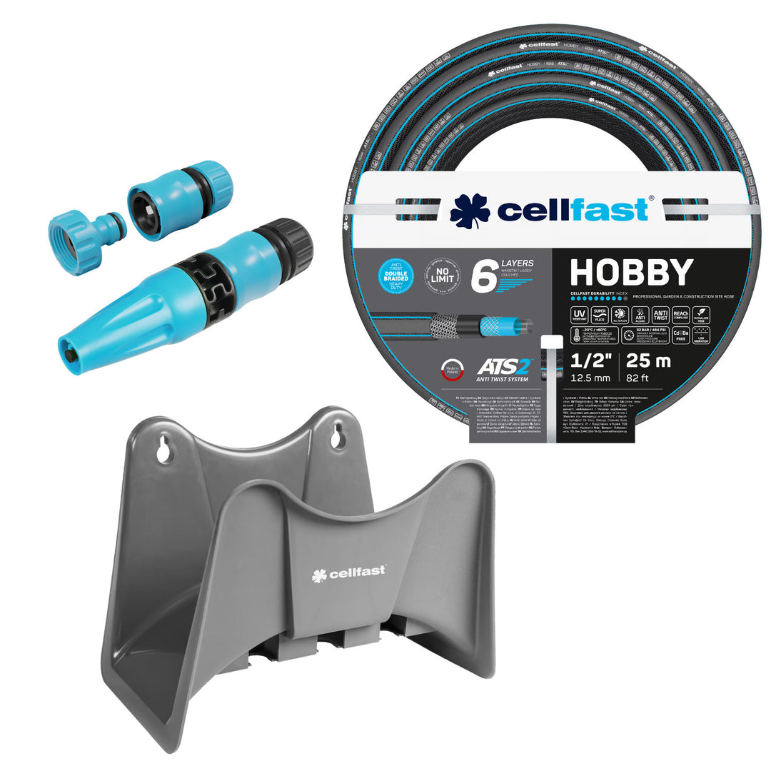 Cellfast Hobby ATS2 kerti tömlő 1/2" 25 m + Cellfast szürke tömlőtartó + Cellfast Basic 1/2" egyenes öntözőfejjel ellátott szett